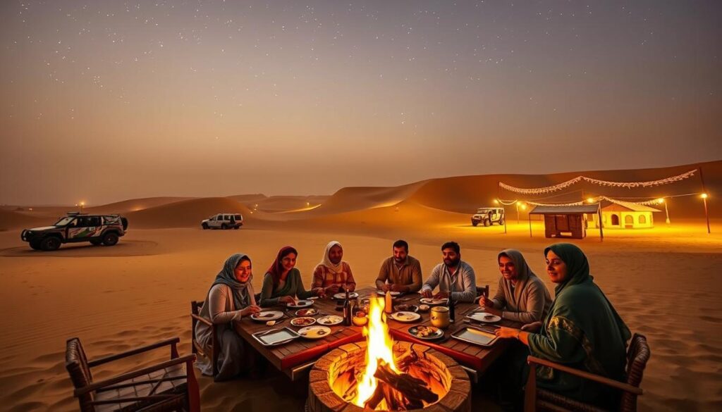 A desert landscape bathed in warm, golden light. In the foreground, a group of people seated around a table, enjoying a sumptuous meal under the starry night sky. The table is adorned with traditional Emirati dishes, while a fire pit crackles nearby, casting a cozy glow. In the middle ground, towering sand dunes and a fleet of off-road vehicles suggest the thrilling dune bashing adventure that led to this tranquil dining experience. In the background, the silhouette of a desert camp, complete with traditional Bedouin tents and lanterns, adds to the authentic ambiance. Captured with a wide-angle lens, this scene from the Online Travel Express Dubai Desert Safari showcases the perfect blend of adventure and indulgence.
