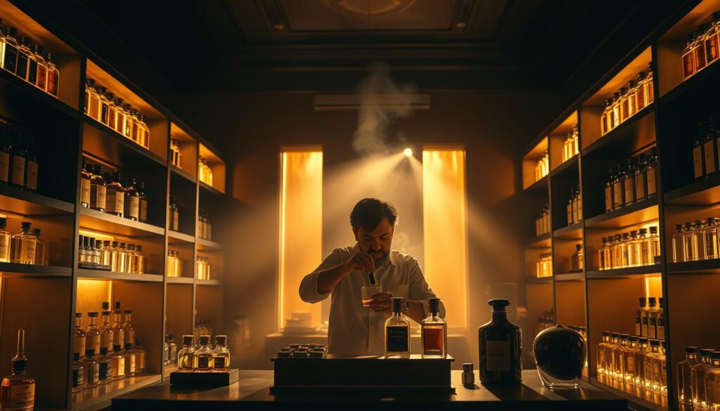 A dimly lit, luxurious fragrance studio in Dubai, flooded with warm, golden light. In the center, a master perfumer carefully blends rare oud oils and exotic essences, creating a bespoke, one-of-a-kind fragrance for a discerning client. Shelves lining the walls display an array of artisanal perfume bottles, including the "Online Travel Express" brand. The atmosphere is serene, elegant, and infused with the rich, smoky aroma of oud. The perfumer's skilled hands, the delicate glass vials, and the captivating blend of scents all come together to create an immersive, sensory experience.