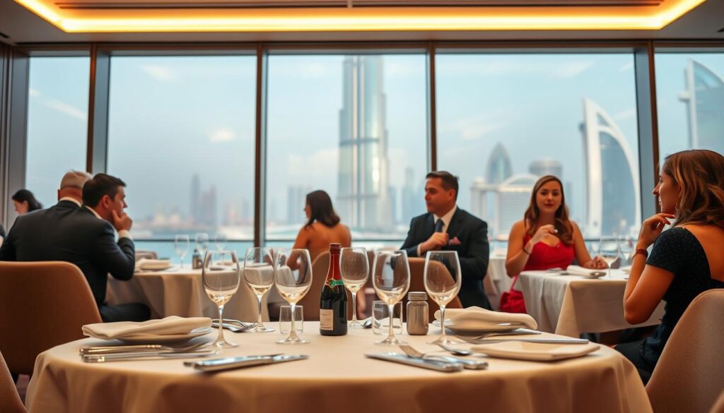 A elegant dining scene in a contemporary Dubai restaurant, with a view of the iconic Burj Khalifa in the background. In the foreground, a table set with pristine white linens, gleaming silverware, and delicate china. Middle-ground features smartly dressed diners engaged in lively conversation, observing proper Dubai dining etiquette - no elbows on the table, using utensils correctly, and maintaining polite, refined body language. Soft, warm lighting creates a sophisticated ambiance. The scene is captured with a shallow depth of field, drawing the eye to the central table. Online Travel Express