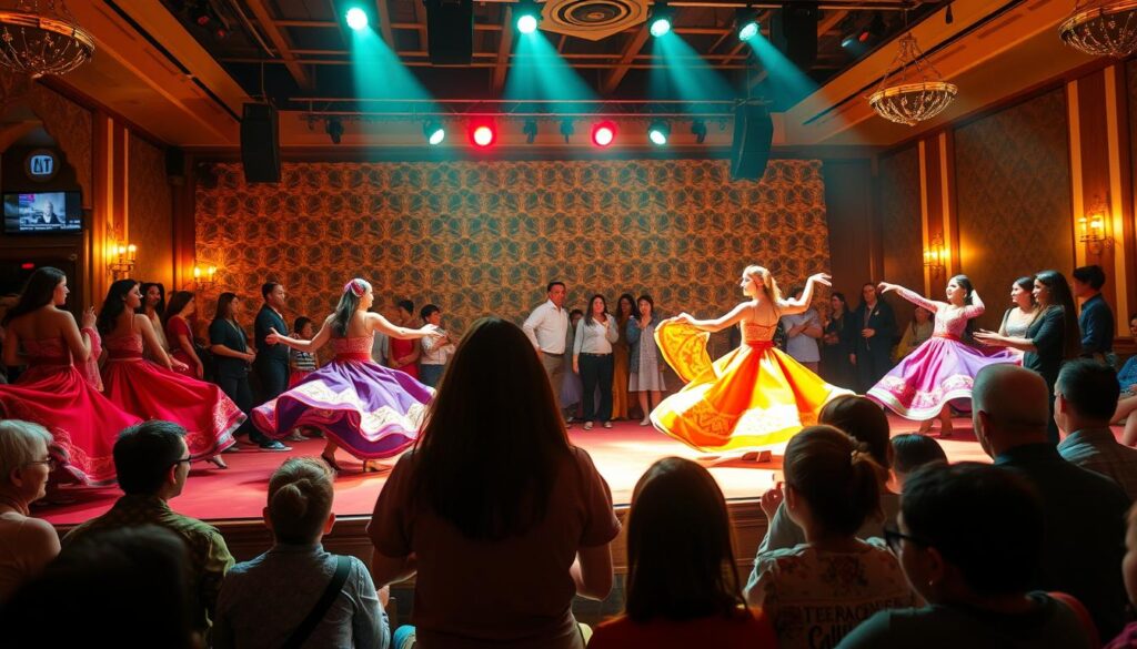 A family-friendly stage set in a lively Dubai venue, showcasing the captivating Tanoura dance. Performers in vibrant, flowing costumes spin and sway against a backdrop of intricate patterns and warm, ambient lighting. Audience members, both young and old, watch in rapt attention, immersed in the mesmerizing rhythms and cultural traditions. The scene radiates a sense of joy, community, and the rich cultural heritage of the region, captured by the "Online Travel Express" lens.