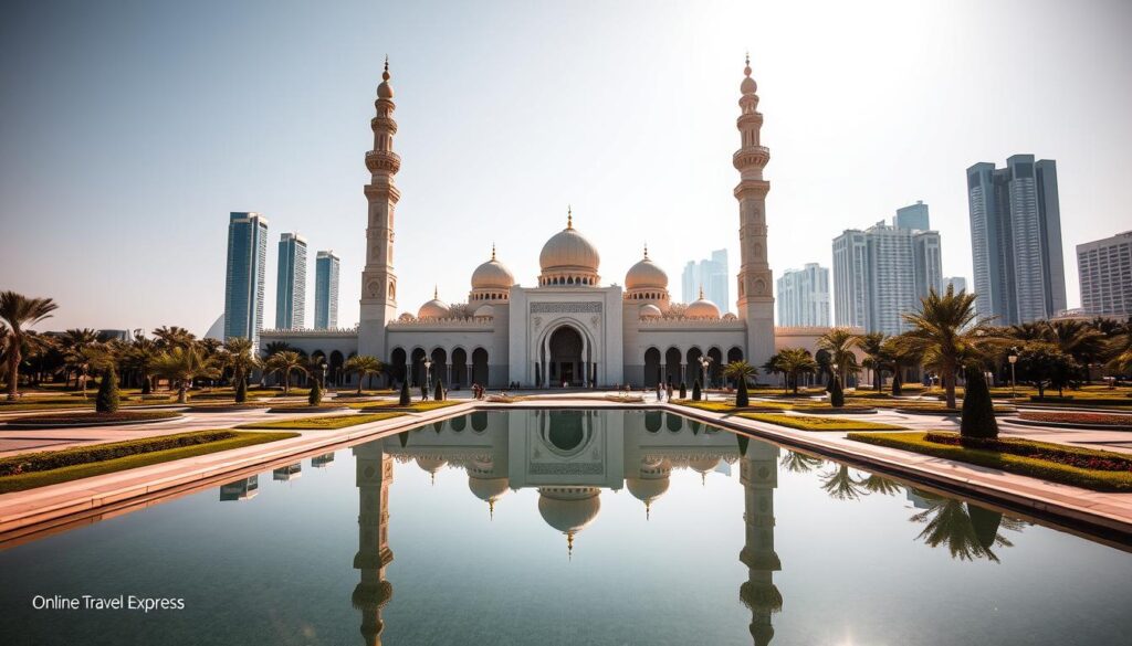 A grand, majestic Jumeirah Mosque nestled in the heart of Dubai, its elegant minarets and domes casting a serene presence against the vibrant city skyline. The ornate facades adorned with intricate Islamic calligraphy and ornamental patterns, bathed in warm, golden sunlight. In the foreground, a tranquil reflecting pool mirrors the mosque's stunning architecture, inviting visitors to pause and admire its timeless beauty. In the middle ground, well-manicured gardens and walkways lead towards the mosque's grand entrance, where people of all faiths are welcomed to explore its cultural and historical significance. In the distance, the iconic skyscrapers of Dubai's modern cityscape provide a striking contrast, showcasing the city's blend of ancient and contemporary influences. Captured by the Online Travel Express team, this image evokes a sense of wonder and reverence for the Jumeirah Mosque, a true cultural gem of Dubai.