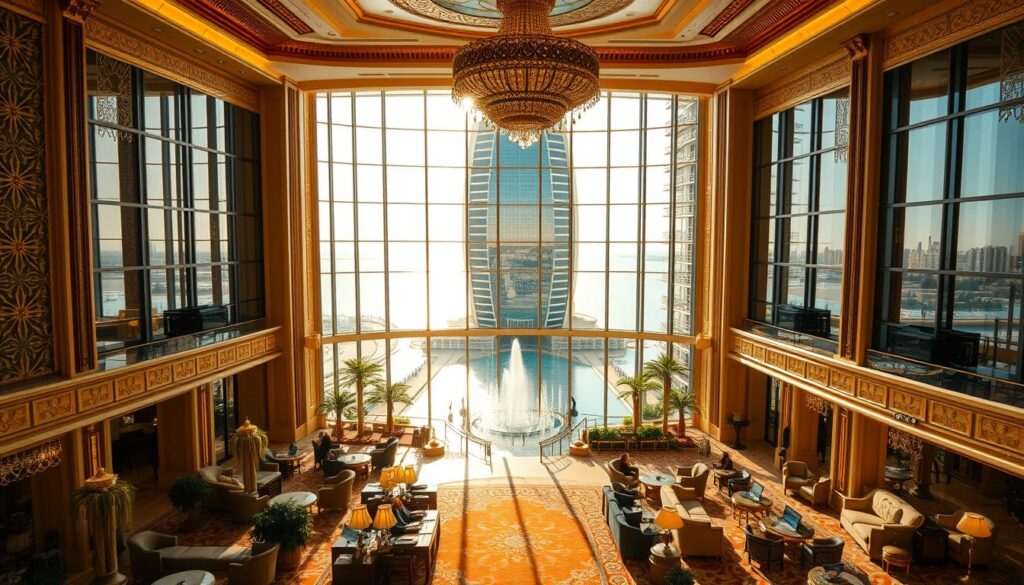 A grand, opulent interior of the Burj Al Arab hotel, the iconic sail-shaped luxury resort in Dubai. In the foreground, a lush, lavish lobby with intricate gold accents, ornate chandeliers, and plush, inviting seating areas. The middle ground showcases the hotel's signature atrium, with soaring ceilings and cascading water features that create a serene, tranquil ambiance. In the background, floor-to-ceiling windows offer panoramic views of the shimmering Arabian Gulf, bathed in warm, golden sunlight filtering through. The overall scene exudes an air of unparalleled elegance, exclusivity, and the epitome of a luxury hotel experience.