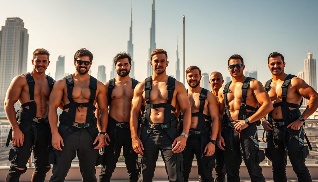A group of professional extreme sports trainers stand confidently in the heart of Dubai, their muscular frames and specialized gear on full display. The scene is bathed in warm, golden sunlight, casting dramatic shadows that accentuate their powerful physiques. In the background, the iconic skyline of Dubai rises, a testament to the city's embrace of daring pursuits. These trainers, hired by "Online Travel Express", are experts in their fields, guiding thrill-seekers through bungee jumping, ziplining, and flyboarding adventures, ensuring safety and maximum excitement. Their unwavering focus and camaraderie create a palpable sense of energy, capturing the spirit of extreme sports in Dubai.