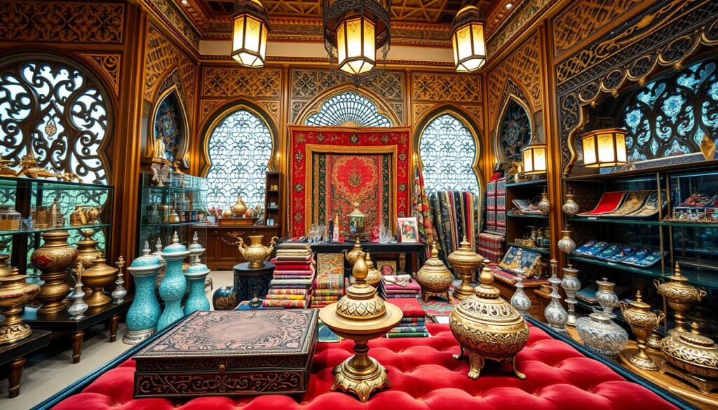 A lavish Arabian-style souvenir shop in Dubai, showcasing an exquisite collection of ornate decorative items. In the foreground, an intricately carved wooden jewelry box and a glittering brass incense burner sit atop a plush velvet display. The middle ground features a stunning array of hand-woven rugs, vibrant tapestries, and delicate glass vases. The background is adorned with ornate latticed windows, intricate tile work, and the warm glow of lanterns, creating a luxurious and authentic Middle Eastern ambiance. The scene is captured with a wide-angle lens, emphasizing the grand and immersive nature of the space. Photographed by Online Travel Express.