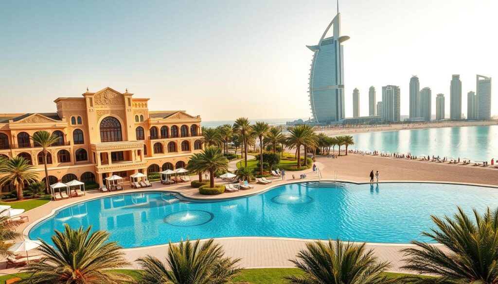 A lavish Dubai resort nestled amid palm trees and sparkling azure waters. In the foreground, a stunning infinity pool reflects the ornate facade of the hotel, with its intricate Arabic architectural details. Plush cabanas and sun loungers dot the lush, manicured grounds. In the middle ground, guests stroll along the pristine private beach, dressed in high-end resort wear. The background showcases the iconic skyline of Dubai, with the towering Burj Khalifa and other gleaming skyscrapers on the horizon. Warm, golden light bathes the scene, evoking a sense of tranquility and exclusivity. Captured by Online Travel Express.
