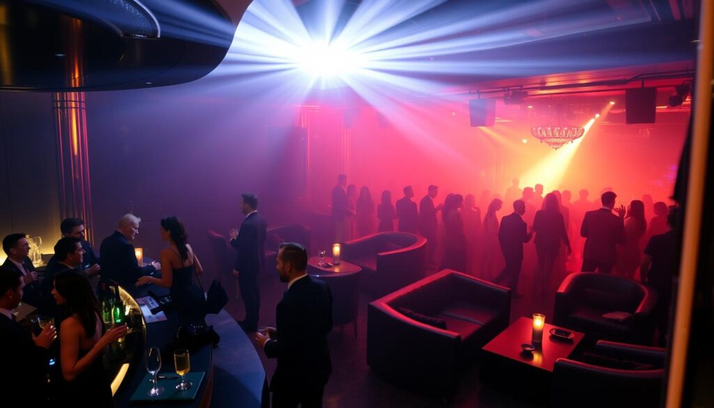 A lavish, dimly-lit nightclub interior, with a sleek and stylish bar in the foreground. Elegant guests dressed in evening attire mingle and sip cocktails, their faces illuminated by the warm, ambient lighting. In the middle ground, a luxurious VIP lounge area with plush leather couches and low tables, where a select group of patrons enjoy exclusive service. The background is filled with the pulsing energy of the dance floor, where people move to the rhythm of the music, their silhouettes visible through the haze of the fog machine. The overall atmosphere is one of exclusivity, sophistication, and the thrill of being part of the city's vibrant nightlife scene.
