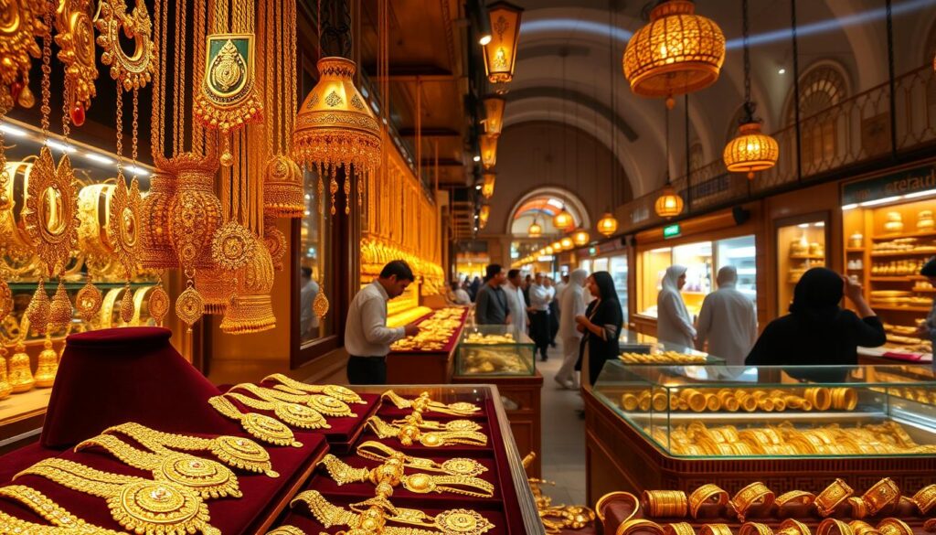 A lavish display of dazzling gold jewelry at the renowned Dubai Gold Souk. Intricate necklaces, earrings, and bangles glisten under the warm, focused lighting, casting a mesmerizing glow. Polished gold surfaces reflect the ornate patterns and designs, inviting visitors to admire the craftsmanship. In the foreground, a velvet-lined showcase features a curated selection of the finest gold pieces, while the middle ground showcases the bustling souk scene, with shopkeepers and customers engaged in lively bargaining. The background depicts the iconic architecture of the souk, with its arched entryways and domed roofs. The scene evokes a sense of timeless elegance and the rich cultural heritage of Dubai. Captured by Online Travel Express.