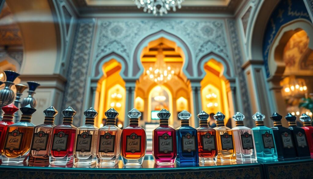 A lavish display of seasonal perfumes in Dubai, showcasing the vibrant Arabian fragrance trends. In the foreground, an ornate glass display case holds an array of luxurious perfume bottles in rich, jewel-toned hues. Intricate Arabic calligraphy adorns the labels, reflecting the cultural heritage. The middle ground features a backdrop of warm, golden lighting, casting a soft, alluring glow. In the background, a blend of traditional Arabian architectural elements, such as arched doorways and ornate tiles, create an opulent, Middle Eastern ambiance. The scene is captured through a wide-angle lens, emphasizing the grandeur and exclusivity of the "Online Travel Express" perfume collection.