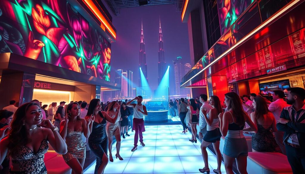 A lively Dubai nightclub scene with pulsing neon lights, sleek modern architecture, and fashionably dressed crowds spilling out onto the streets. In the foreground, a group of stylish partygoers dancing under a dazzling kaleidoscope of colors, their expressions exuding excitement and joy. The middle ground showcases the club's lavish interior design, with plush velvet seating, gleaming chrome accents, and a massive LED-lit dance floor. In the background, the iconic skyline of Dubai's skyscrapers looms, creating a striking contrast between the urban landscape and the vibrant nightlife. The scene is captured with a cinematic wide-angle lens, emphasizing the scale and energy of the environment. An atmosphere of energy, luxury, and pure hedonistic pleasure permeates the image.