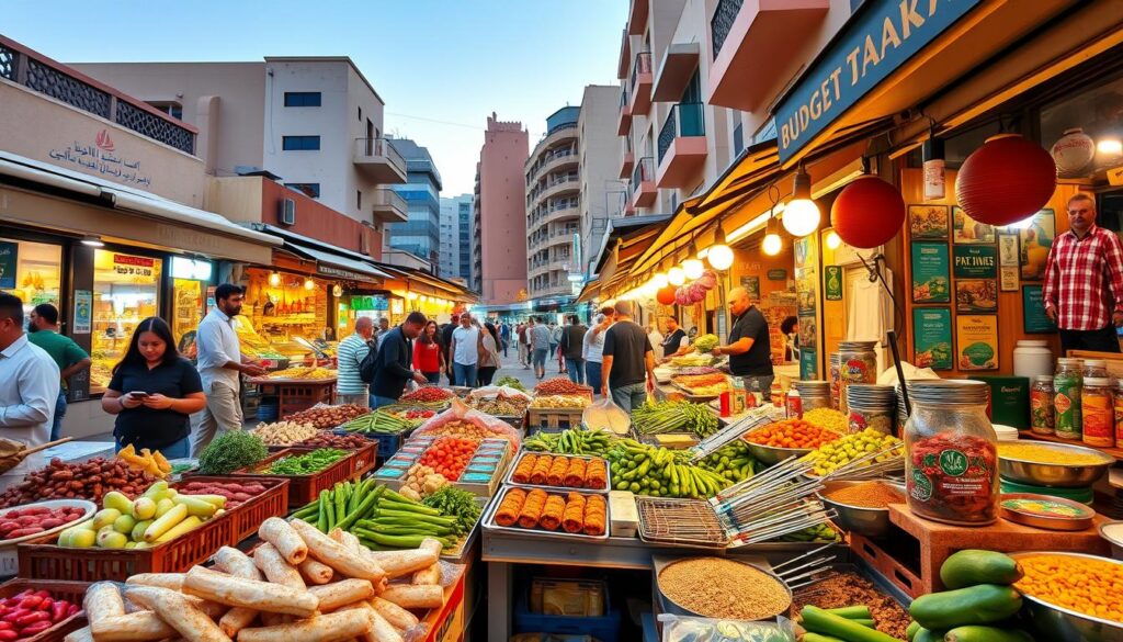 A lively Dubai street market, bustling with activity and vibrant colors. In the foreground, a variety of fresh produce, sizzling kebabs, and fragrant spices are on display at makeshift stalls. Middle ground features patrons browsing the diverse offerings, capturing the energy and community feel. In the background, a blend of traditional and modern architecture sets the scene, with the warm glow of sunset illuminating the bustling alleyways. Shot with a wide-angle lens to capture the full scope of this budget-friendly culinary haven. Conveying the essence of "Online Travel Express" - an immersive cultural experience without the premium price tag.