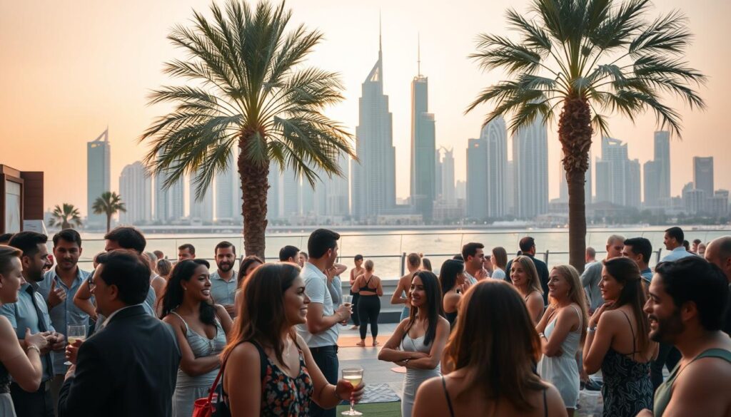 A lively gathering of diverse social groups and clubs in the vibrant city of Dubai. In the foreground, a mix of young professionals and expats engaged in lively conversation, laughing and networking at an elegant cocktail event. In the middle ground, a group of fitness enthusiasts participating in an outdoor yoga class, surrounded by palm trees and modern skyscrapers. In the background, the iconic Dubai skyline shimmers under a warm, golden sunset, casting a welcoming glow over the social scene. The lighting is soft and diffused, creating a sense of warmth and conviviality. The overall atmosphere evokes a cosmopolitan, dynamic, and inclusive social experience that captures the spirit of making new connections in Dubai.