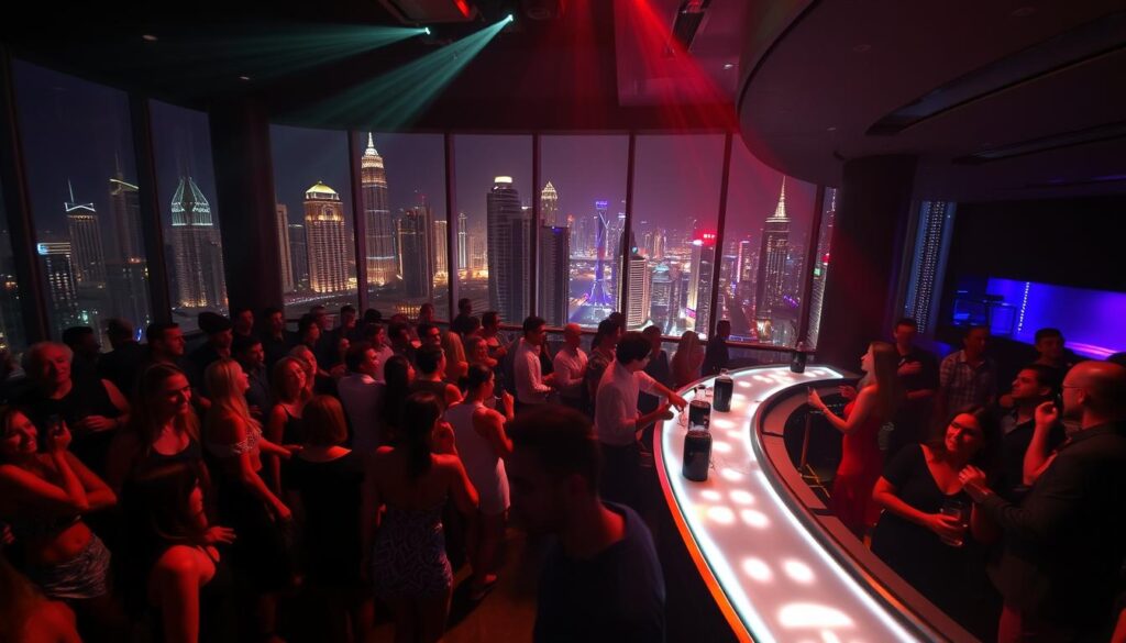 A lively nightclub scene in Dubai's bustling city center. In the foreground, a crowd of well-dressed partygoers navigates the dimly lit dance floor, their stylish outfits and vibrant movements captured by a low-angle wide-angle lens. The middle ground features a bar area with neon-lit countertops, where groups of friends gathered, drinks in hand, creating an energetic atmosphere. In the background, the cityscape of Dubai can be seen through large windows, with skyscrapers and illuminated landmarks casting a warm glow over the scene. The lighting is a mix of vibrant colored spotlights and moody ambient illumination, casting dramatic shadows and highlights across the figures. The overall mood is one of excitement, energy, and the thrill of a night out in Dubai's exclusive nightlife.