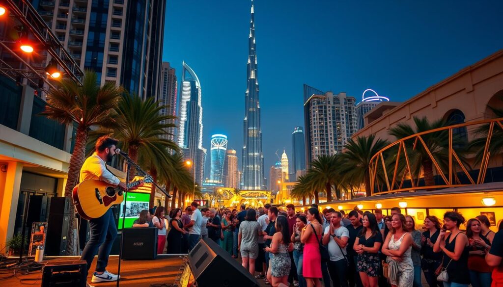 A lively street scene in Dubai, showcasing the vibrant live music culture. In the foreground, a small outdoor stage with a talented musician performing on an acoustic guitar, bathed in warm stage lighting. In the middle ground, a crowd of music enthusiasts gathered, swaying to the rhythm and enjoying the performance. The background features the iconic skyline of Dubai, with towering skyscrapers and the distinctive Burj Khalifa standing tall. The atmosphere is electric, with a sense of energy and excitement palpable in the air, capturing the essence of enjoying live music in this dynamic city.