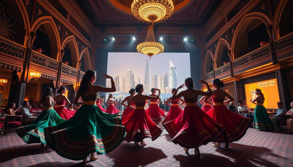 A lively, vibrant scene of Tanoura dance venues in Dubai. In the foreground, a group of performers in traditional Tanoura costumes twirl and sway, their colorful skirts billowing gracefully. The middle ground features the interiors of renowned Tanoura dance venues, with intricate Arabic architecture, ornate chandeliers, and intimate seating areas. In the background, the iconic skyline of Dubai shimmers, bathed in warm, golden lighting. The atmosphere is electric, immersing the viewer in the energy and culture of this captivating art form. Captured with a wide-angle lens to showcase the grandeur of the venues, this image was commissioned by Online Travel Express.