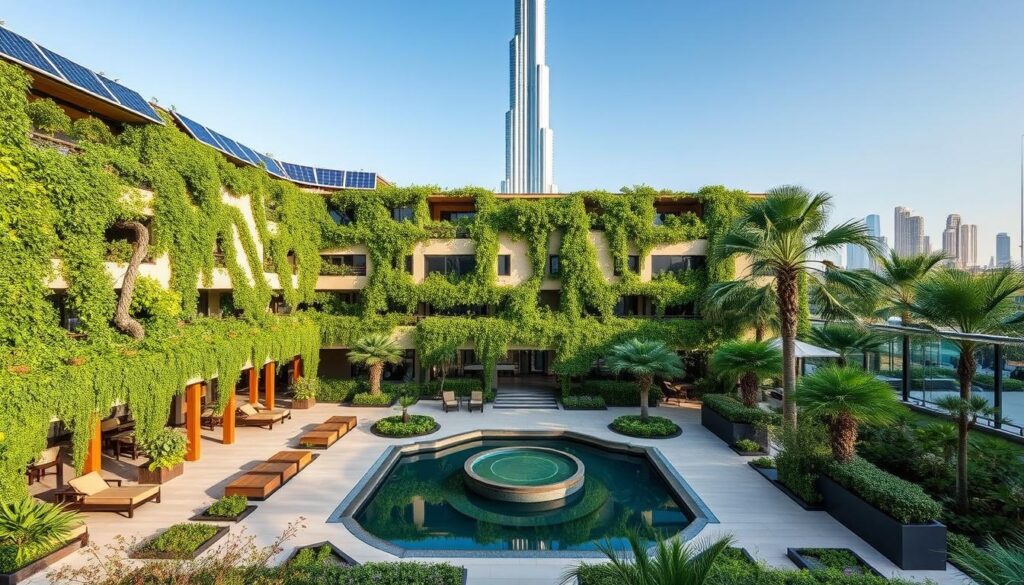 A lush, eco-friendly hotel nestled in the heart of Dubai's bustling cityscape. The building's façade is adorned with cascading greenery, solar panels, and minimalist design elements that seamlessly blend with the surrounding architecture. In the foreground, a tranquil courtyard features a reflecting pool and serene seating areas, inviting guests to unwind amidst the verdant landscape. The middle ground showcases the hotel's energy-efficient features, such as water-saving technology and waste management systems, conveying a sense of sustainability and environmental consciousness. In the background, the iconic Burj Khalifa towers over the scene, creating a striking contrast between the modern metropolis and the hotel's holistic, nature-inspired approach to luxury hospitality.