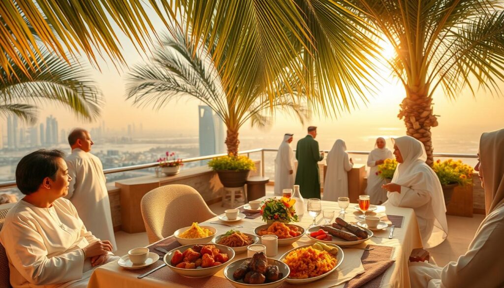 A lush, open-air dining terrace overlooking the glittering Dubai skyline. In the foreground, a table laden with traditional Emirati dishes - fragrant biryani, delicate lamb kebabs, and sweet basbousa. Guests in flowing white robes and elegant abayas sip mint tea and converse animatedly. Warm, golden light filters through palm fronds, casting a soft, tranquil glow. The distant sound of Quranic recitation and the faint scent of incense create an immersive Iftar experience. Online Travel Express invites you to savor this iconic Dubai tradition.