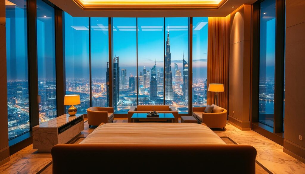 A luxurious Dubai hotel suite with floor-to-ceiling windows showcasing a breathtaking view of the city's iconic skyline. The interior is bathed in warm, golden lighting, creating a serene and elegant atmosphere. Plush, modern furnishings and high-end finishes, such as marble and polished wood, convey a sense of sophisticated opulence. In the foreground, a large, comfortable bed dominates the scene, flanked by sleek, minimalist nightstands. The middle ground features a well-appointed seating area with a cozy sofa and armchair, perfect for relaxing and taking in the stunning panorama. In the background, the city's skyscrapers glisten under the evening sky, creating a visually striking and awe-inspiring backdrop.