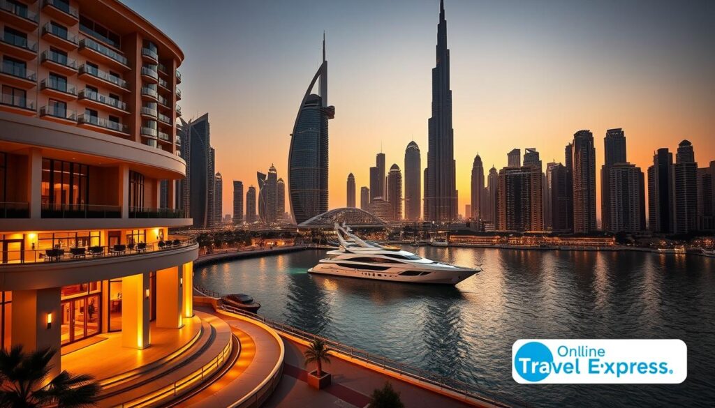 A luxurious city skyline of Dubai at golden hour, bathed in warm, soft lighting. In the foreground, a sleek, modern luxury hotel with a grand entrance and elegant facade. In the middle ground, a private yacht sails across a tranquil harbor, surrounded by towering skyscrapers. In the background, the iconic Burj Khalifa pierces the sky, casting a long shadow. The scene exudes an atmosphere of exclusivity, refinement, and high-end travel. A logo for "Online Travel Express" is prominently displayed in the lower right corner.
