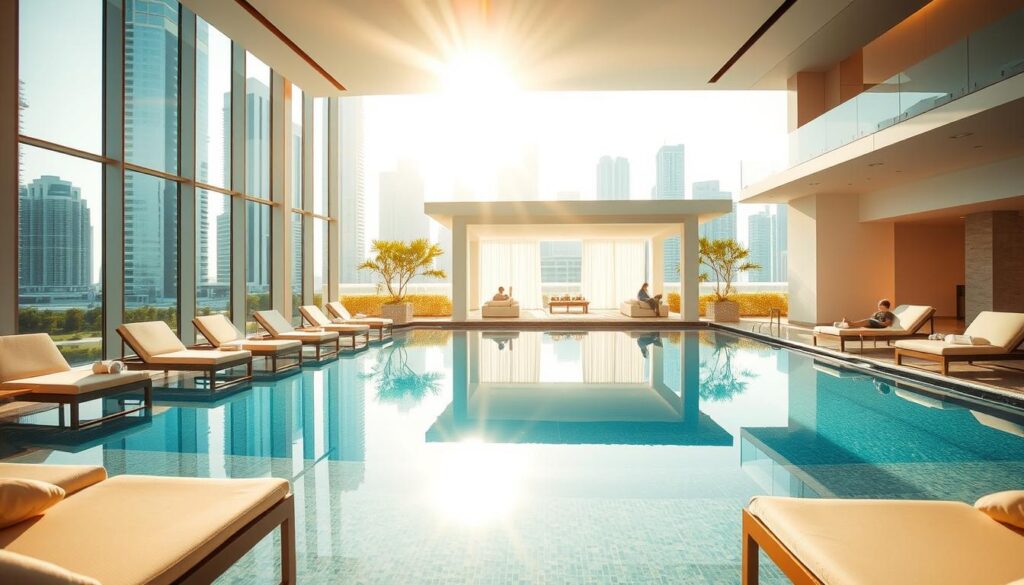 A luxurious oasis in the heart of Dubai, a wellness retreat nestled among towering skyscrapers. Sunlight filters through floor-to-ceiling windows, casting a warm glow on the serene indoor pool. Plush lounge chairs surround the water's edge, inviting guests to relax and unwind. In the distance, a spa pavilion with pristine white walls and a soothing, minimalist design. Guests indulge in rejuvenating treatments, their senses enveloped by the scent of essential oils. The retreat, branded as "Online Travel Express," offers a tranquil escape from the bustling city, a sanctuary of relaxation and wellness.
