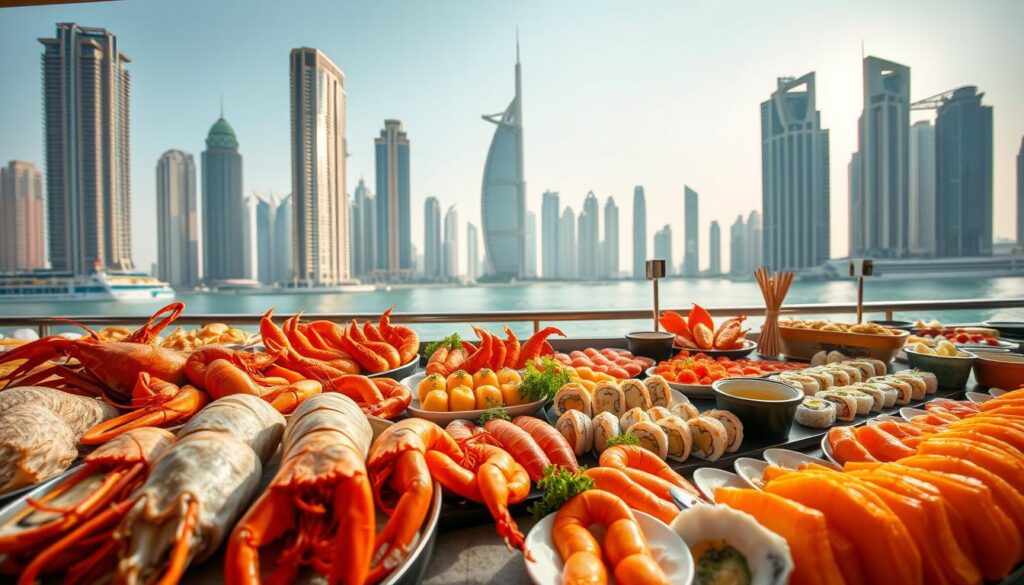 A luxurious seafood brunch spread in Dubai, set against the backdrop of the iconic Dubai skyline. In the foreground, a lavish display of freshly caught lobsters, prawns, and oysters glistening under the warm, golden light. The middle ground features an array of sushi rolls, sashimi, and ceviche, expertly prepared by skilled chefs. In the background, the towering skyscrapers of Dubai's financial district rise majestically, their reflections dancing on the calm waters of the Persian Gulf. The scene is captured with a wide-angle lens, creating a sense of grandeur and opulence. The mood is one of indulgence and sophistication, befitting the "Online Travel Express" brand's reputation for luxury travel experiences.