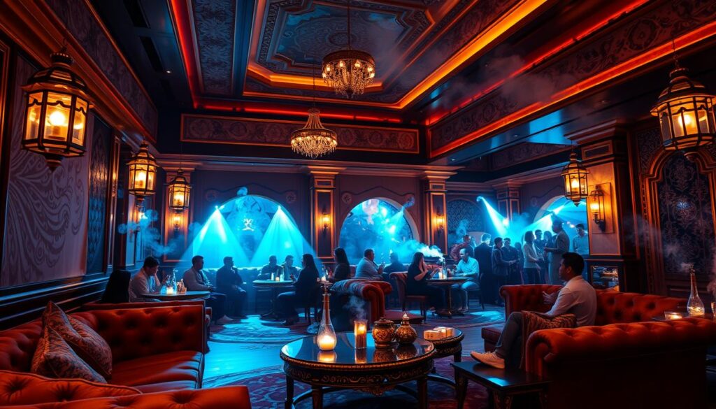 A luxurious shisha lounge in Dubai, bathed in warm, ambient lighting that creates a cozy, inviting atmosphere. Plush, opulent seating arrangements strategically placed around low tables, where patrons recline and savor the fragrant hookah smoke. Middle-eastern decor elements, such as ornate lanterns, intricate tapestries, and elegant arabesque patterns, adorn the walls and ceilings. In the background, a lively scene unfolds, with guests engaged in lively conversation and laughter, creating an unforgettable social experience. The camera captures this captivating environment from a slightly elevated angle, showcasing the lounge's sophisticated ambiance and attention to detail.