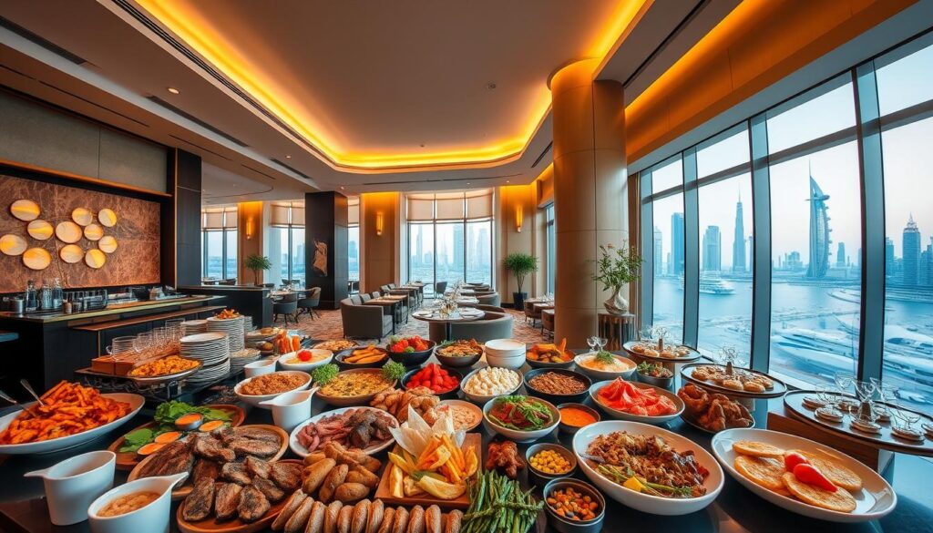 A luxurious spread of gourmet delicacies against a sophisticated backdrop. In the foreground, an array of tantalizing dishes - sizzling meats, fresh seafood, decadent pastries, and vibrant salads, all arranged with artful presentation. The middle ground features sleek, modern furnishings and elegant tableware, creating an ambiance of upscale refinement. In the background, floor-to-ceiling windows offer a panoramic view of the iconic Dubai skyline, bathed in warm, golden lighting. The entire scene is captured through a wide-angle lens, conveying a sense of grandeur and opulence. This is the "Dubai Brunch Selection Guide" curated by Online Travel Express, a destination of unparalleled culinary indulgence.