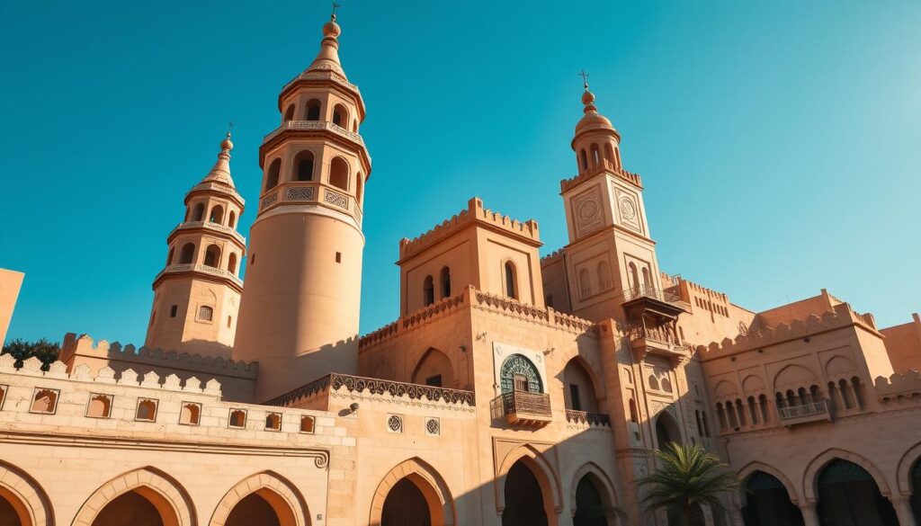 A majestic display of Arabian architectural wonder, the Al Fahidi Historical District in Dubai showcases intricate wind towers, ornate courtyards, and sun-kissed adobe structures. Capture the essence of this cultural gem through a wide-angle lens, framing the iconic wind towers and ornate facades against a clear blue sky. Bask in the warm, golden light that casts deep shadows, evoking a timeless, serene ambiance. Discover the rich history of this district, as portrayed by the Online Travel Express.