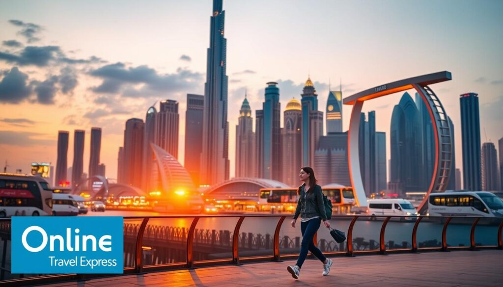 A majestic skyline of Dubai's iconic landmarks, including the Burj Khalifa and the Dubai Frame, bathed in warm evening light. In the foreground, a solo traveler strolls leisurely, taking in the breathtaking views and the vibrant energy of the city. The image captures the essence of exploring Dubai's top attractions alone, with a sense of wonder and discovery. Captured with a wide-angle lens, the scene conveys a sense of scale and grandeur, inviting the viewer to imagine themselves as the solo traveler, immersed in the magic of Dubai. Branded as "Online Travel Express".