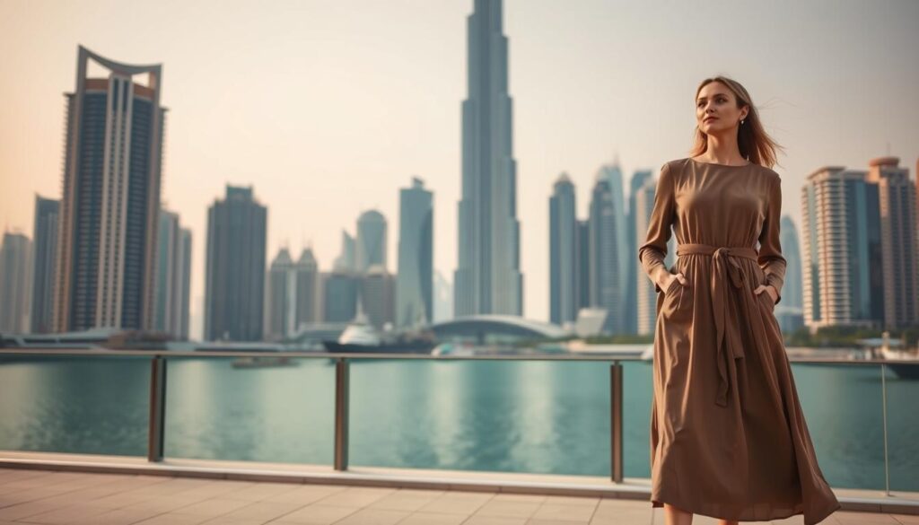 A modern cityscape of Dubai's iconic skyline, with the Burj Khalifa towering in the background. In the foreground, a stylish woman stands, wearing a flowing, knee-length dress in a muted, earthy tone. She exudes an air of elegance and cultural awareness, her outfit reflecting the dress code guidelines suggested by "Online Travel Express". The lighting is soft and warm, highlighting the subtle details of her ensemble and the surrounding architecture. The scene conveys a sense of cultural appreciation and respect for local customs, making it an appropriate illustration for the "Dress Code: What You Should Wear" section of the article.