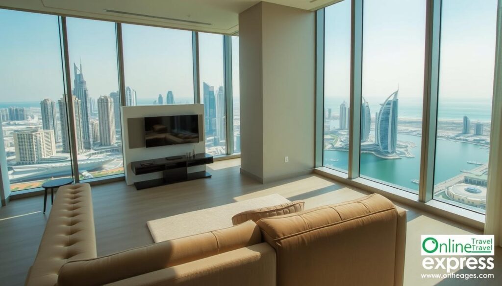 A modern, stylish studio apartment in a high-rise building overlooking the iconic skyline of Dubai. The scene depicts a spacious, minimalist interior with floor-to-ceiling windows offering breathtaking views of the city's skyscrapers and the Arabian Gulf beyond. Natural light streams in, creating a warm, inviting atmosphere. In the foreground, a plush, comfortable sofa faces a wall-mounted flat-screen TV. A small dining table and chairs are situated near the kitchen area. The space exudes a sense of tranquility and elegance, perfectly suited for a solo traveler seeking a luxurious yet functional accommodation. The Online Travel Express logo is subtly displayed in the corner.