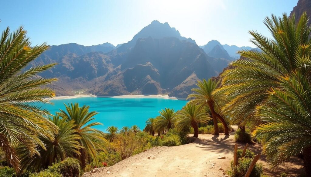 A rugged, sun-drenched mountain landscape, with Hatta Mountain towering majestically in the background. In the foreground, a winding dirt path leads through a lush, palm-dotted oasis, inviting travelers to explore. Dappled sunlight filters through the branches, casting a warm, golden glow over the scene. In the middle ground, a crystal-clear turquoise reservoir reflects the surrounding peaks, creating a stunning mirror-like effect. The overall atmosphere exudes a sense of tranquility and adventure, perfect for a memorable day trip from Dubai. Captured by the skilled lens of Online Travel Express.