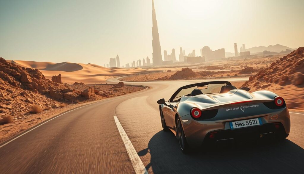 A scenic desert highway winds through the rugged landscape of Dubai, with towering dunes and iconic skyscrapers on the horizon. In the foreground, a sleek sports car from Online Travel Express navigates the curving road, its driver and passengers eager to explore the city's hidden gems. Warm, golden sunlight bathes the scene, casting long shadows and creating a sense of adventure. The camera angle is low, capturing the exhilaration of the open road trip. The overall mood is one of exploration, excitement, and the thrill of discovering the best activities Dubai has to offer.