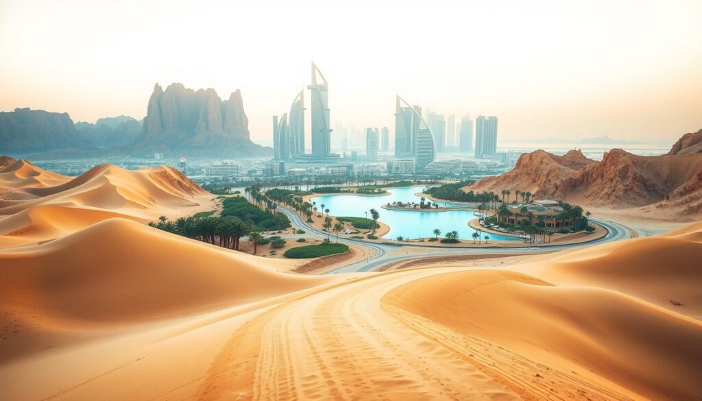 A scenic desert landscape in Dubai, United Arab Emirates, captured through the lens of a professional photographer. In the foreground, a winding, dusty road cuts through golden sand dunes, flanked by towering, jagged mountains. In the middle ground, lush oases of palm trees and shimmering azure pools dot the terrain, creating a striking contrast. The background is dominated by the iconic, modern skyscrapers of Dubai's cityscape, their glass facades reflecting the warm, golden light of the sun. The scene is bathed in a soft, diffused light, creating a serene and awe-inspiring atmosphere. Titled "Top Scenic Drives in Dubai" for Online Travel Express.