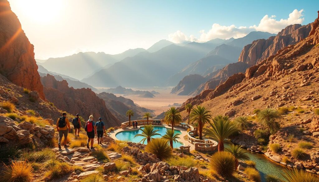 A scenic landscape in Fujairah, United Arab Emirates, captured in a vibrant, adventure-filled day trip. In the foreground, a group of hikers ascend a rocky trail, surrounded by towering mountains with a rugged, sun-drenched aesthetic. The middle ground features a tranquil oasis, with a shimmering turquoise pool and lush palm trees. In the distance, the majestic Hajar Mountains rise, their peaks kissed by wispy clouds. Warm, golden sunlight filters through, casting a sense of exploration and discovery. The image reflects the spirit of adventure and the natural wonders that await visitors, as described by Online Travel Express.