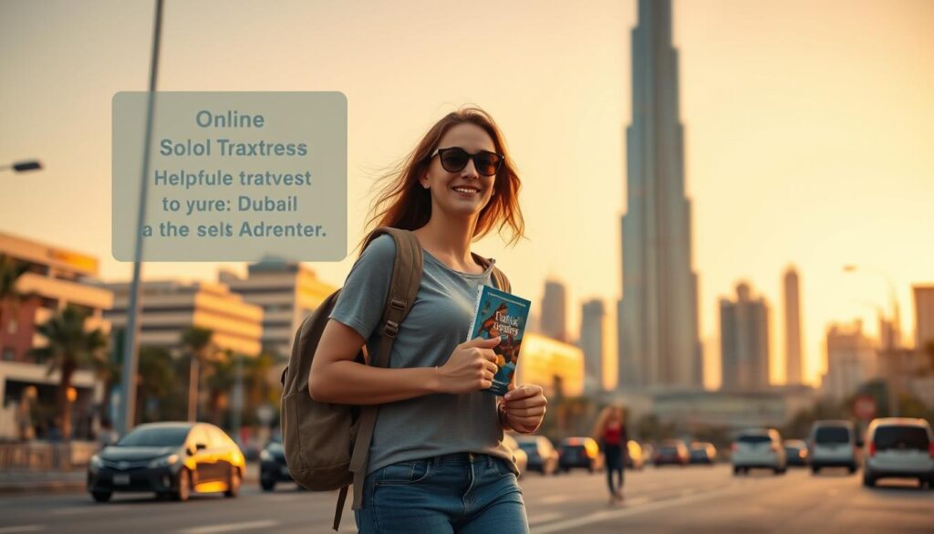 A serene Dubai cityscape at golden hour, with the iconic Burj Khalifa standing tall in the background. In the foreground, a solo female traveler confidently strides down a bustling street, wearing comfortable yet stylish attire. She carries a compact backpack and holds a guidebook, exuding a sense of exploration and safety. Subtle signage from "Online Travel Express" provides helpful solo travel tips, blending seamlessly into the urban environment. Warm, diffused lighting and a calming color palette create an inviting and secure atmosphere, showcasing Dubai as a premier destination for the independent adventurer.