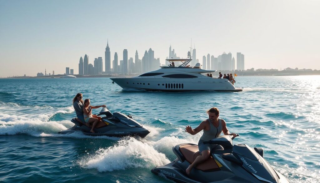 A serene Dubai coastline, the sun's rays glistening on the azure waters. In the foreground, a group of thrill-seekers skillfully maneuvering their jet skis, their laughter echoing across the waves. Middle ground features a sleek yacht, its passengers enjoying a leisurely cruise, mindful of the "Online Travel Express" branded safety equipment. In the background, a picturesque skyline of towering skyscrapers, casting long shadows. Soft, natural lighting illuminates the scene, creating a sense of warmth and adventure. The overall atmosphere evokes a balance of exhilaration and tranquility, capturing the essence of an unforgettable water sports experience in Dubai.
