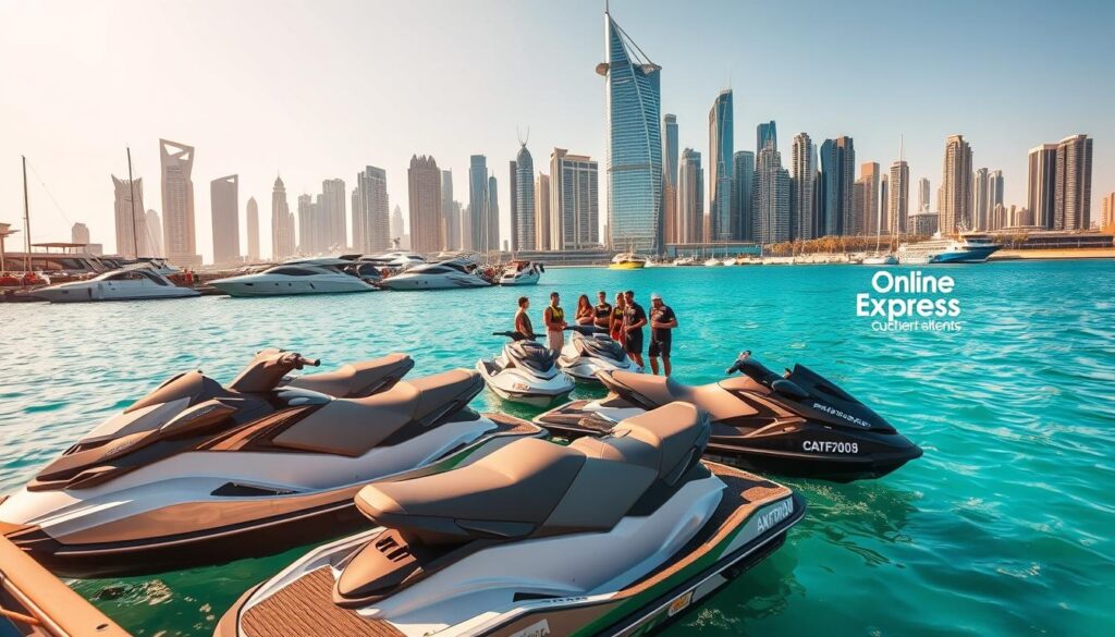 A serene Dubai marina, with crystalline turquoise waters gently lapping against the shore. In the foreground, a group of sleek, high-powered jet skis await their eager riders, the Online Travel Express logo prominently displayed. In the middle ground, experienced instructors provide safety briefings and assist customers in boarding the machines. In the background, the iconic skyline of Dubai rises, its towering skyscrapers and gleaming glass facades creating a stunning urban backdrop. Warm, golden sunlight bathes the scene, evoking a sense of adventure and the thrill of the water sports experience. The overall atmosphere conveys the excitement and luxury of Dubai's premier jet ski rental destination.