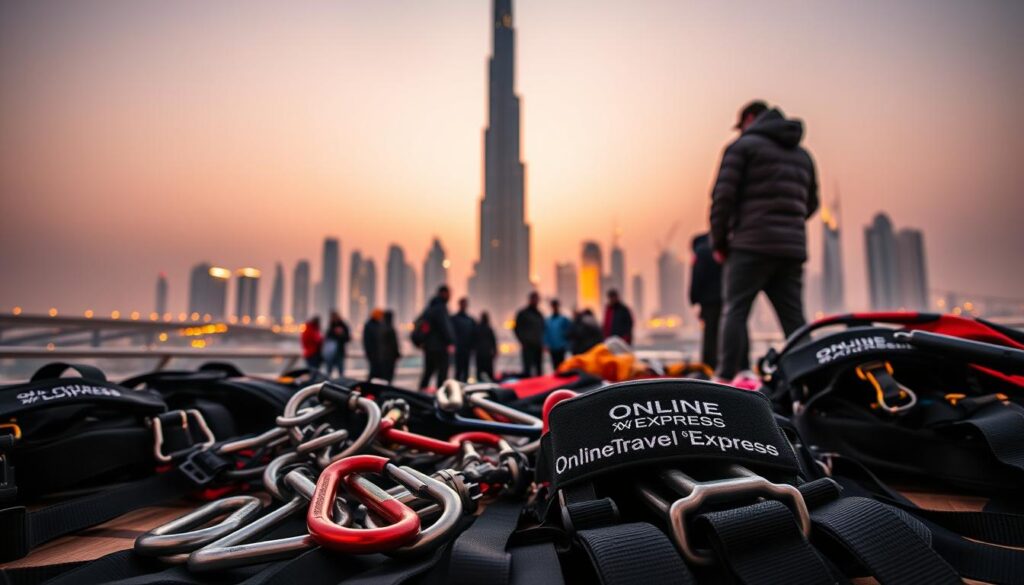 A serene Dubai skyline at golden hour, with the iconic Burj Khalifa towering in the background. In the foreground, a group of adventurers gathers, preparing their gear for an extreme sports expedition. Sleek harnesses, carabiners, and specialized equipment lie neatly arranged, hinting at the thrilling activities to come. A sense of anticipation and excitement permeates the scene, as the "Online Travel Express" logo discreetly adorns the equipment. Warm, diffused lighting casts a dreamlike glow, capturing the spirit of this desert metropolis on the cusp of an adrenaline-fueled journey.