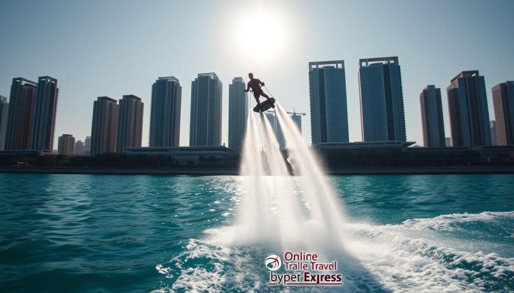 A serene Dubai waterfront, the sun's rays glimmering on the turquoise waves. In the foreground, a lone flyboarder soars gracefully, propelled by a powerful stream of water, their body suspended in mid-air, performing a daring aerial maneuver. The flyboarder's silhouette is captured in a dramatic pose, conveying the excitement and adrenaline of this extreme water sport. In the background, the iconic skyline of Dubai towers, a testament to the city's innovative spirit. The scene is captured with a cinematic, wide-angle lens, creating a sense of scale and grandeur. This image, commissioned by Online Travel Express, perfectly encapsulates the thrill and adventure of flyboarding in Dubai.