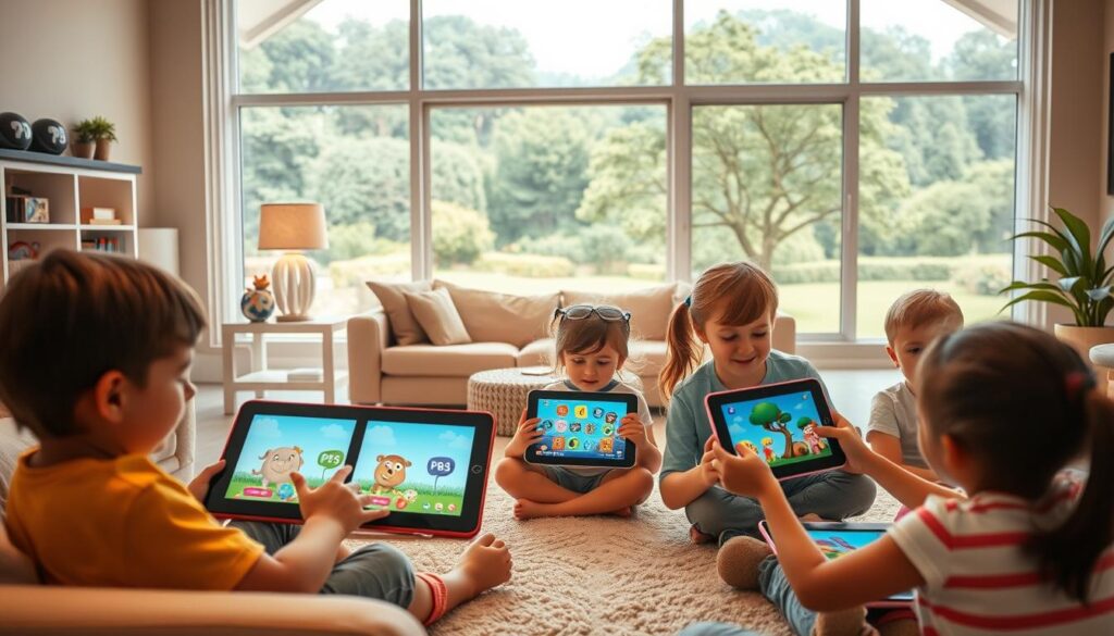 A serene and vibrant scene of a PBS Kids gaming environment. In the foreground, a group of children engage in various educational games on colorful tablets, their faces alight with curiosity and concentration. The middle ground features a cozy, well-lit living room setting, with plush furniture and shelves stocked with PBS-branded educational resources. In the background, a large window overlooks a lush, verdant outdoor landscape, bathed in warm, natural lighting. The overall atmosphere is one of safety, learning, and wonder, perfectly capturing the essence of "PBS Games for Kids: A Safe Gaming Environment."