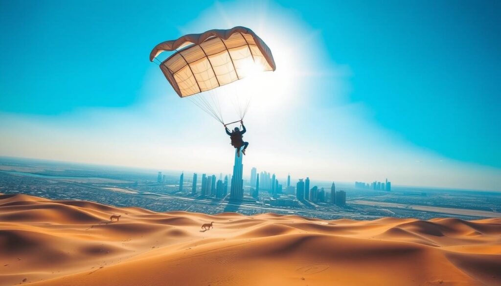 A serene desert landscape in Dubai, with towering skyscrapers in the background. In the foreground, a skydiver gracefully descends, their canopy billowing against a brilliant blue sky. The sun casts a warm, golden glow, illuminating the scene. In the middle ground, a bustling city skyline with the iconic Burj Khalifa piercing the horizon. The entire image conveys a sense of adventure and the thrill of skydiving over the breathtaking cityscape. Online Travel Express