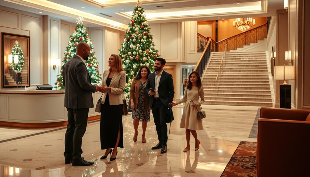A serene hotel lobby, its marble floors gleaming under warm, diffused lighting. In the foreground, a couple stands by the concierge desk, animatedly discussing their upcoming anniversary celebration. Behind them, a beautifully decorated Christmas tree commands attention, hinting at the special occasion. The middle ground features a stylishly dressed family, their faces alight with joy as they check in for a special holiday getaway. In the background, a grand staircase leads upwards, suggesting the promise of an upgrade to a luxurious suite. The overall atmosphere conveys a sense of anticipation and the delight of unexpected surprises.