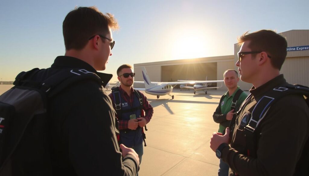A serene, sun-drenched training facility in Dubai, with skydivers meticulously checking their gear. In the foreground, a group of adventurers attentively listening to their instructor, who gestures towards the clear, azure sky. Midground, experienced jumpers perform equipment checks, their expressions focused and determined. In the background, a fleet of state-of-the-art planes awaits, ready to ferry the skydivers to their exhilarating jump sites. Crisp, high-contrast lighting and a sense of anticipation permeate the scene. The Online Travel Express logo subtly graces the training facility's facade.