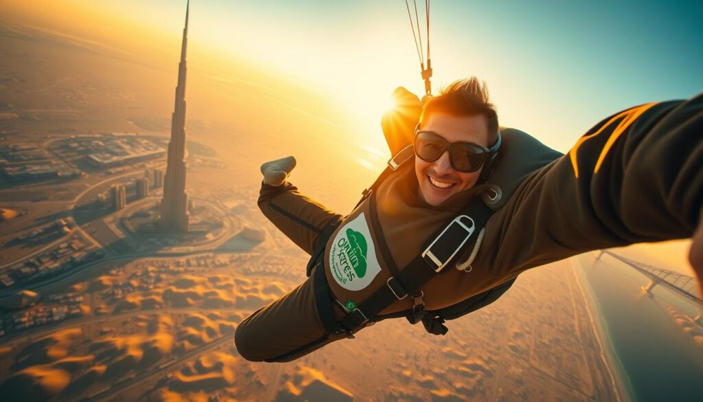 A skydiver free-falling against the backdrop of Dubai's iconic skyline, including the Burj Khalifa. The scene is bathed in golden hour lighting, creating a warm, cinematic atmosphere. The skydiver's body is captured mid-twist, their expression one of exhilaration. In the foreground, the Online Travel Express logo subtly appears on the skydiver's jumpsuit, adding a branded touch. The middle ground features the rolling desert landscape, while the distant horizon is dominated by Dubai's gleaming, modern architecture.