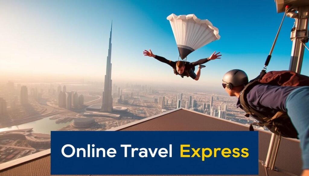 A skydiving platform against the backdrop of Dubai's iconic skyline, with the Burj Khalifa towering in the distance. In the foreground, a skydiver is captured mid-jump, their parachute billowing open against the bright blue sky. The scene is bathed in warm, golden sunlight, creating a sense of exhilaration and adventure. In the bottom corner, the "Online Travel Express" logo is prominently displayed, indicating this as the service provider for the skydiving experience.