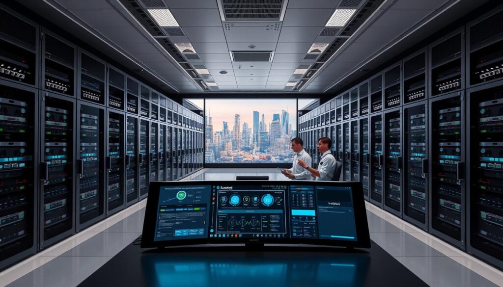 A sleek, modern data center with rows of high-performance servers and networking equipment. The room is bathed in a soft, ambient lighting, creating a professional and sophisticated atmosphere. In the foreground, a centralized control console with a large, state-of-the-art display showcases the Blooket hosting services interface, allowing for seamless management and monitoring of the infrastructure. The middle ground features technicians in crisp, clean uniforms working diligently to ensure optimal performance and uptime. The background depicts a panoramic view of the city skyline, conveying a sense of scale and the reliable, enterprise-grade nature of the Blooket hosting services.