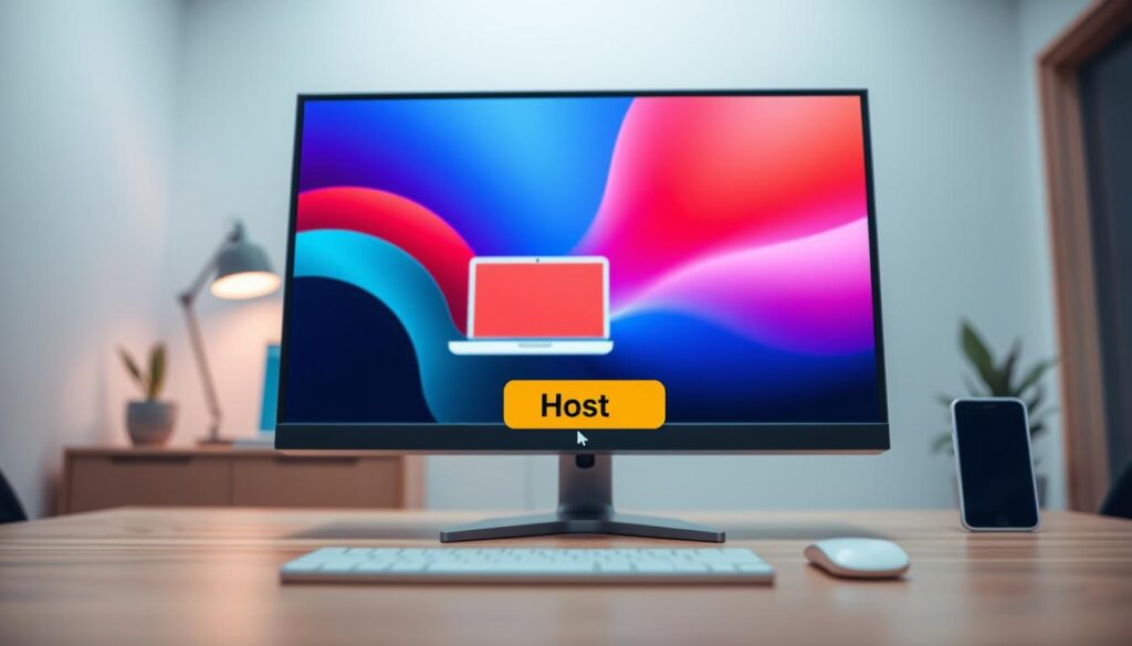 A sleek, modern desktop setup with a high-resolution monitor displaying the Blooket platform's vibrant interface. In the foreground, a cursor hovers over the "Host" button, showcasing the ease of accessing the hosting features. The middle ground features a stylized laptop and a smartphone, symbolizing the cross-device compatibility of Blooket. The background is a minimalist, well-lit office setting with clean lines and subtle hints of Blooket's branding colors. The overall mood is one of professionalism, productivity, and the seamless integration of technology in the educational experience.