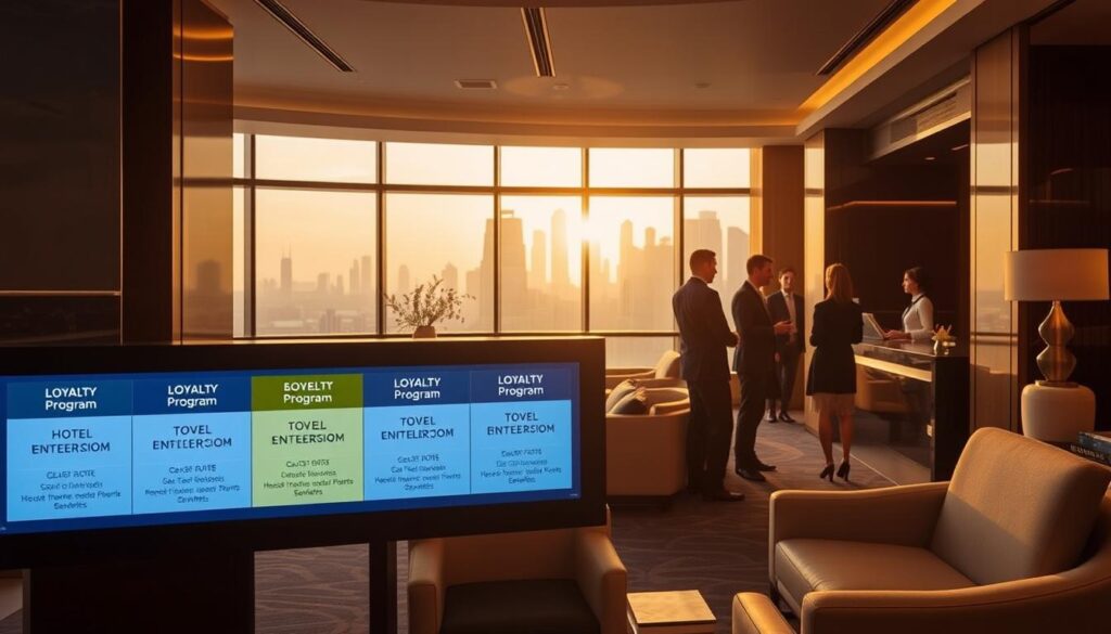 A sleek, modern hotel lobby with plush seating and elegant decor. In the foreground, a digital display showcases various hotel loyalty program tiers, their respective benefits, and membership levels. The middle ground features well-dressed hotel guests interacting with staff at the check-in counter, discussing loyalty program details. In the background, a large window overlooks a bustling city skyline, bathed in warm, golden afternoon light. The overall atmosphere conveys a sense of sophisticated hospitality and the value of hotel loyalty programs.