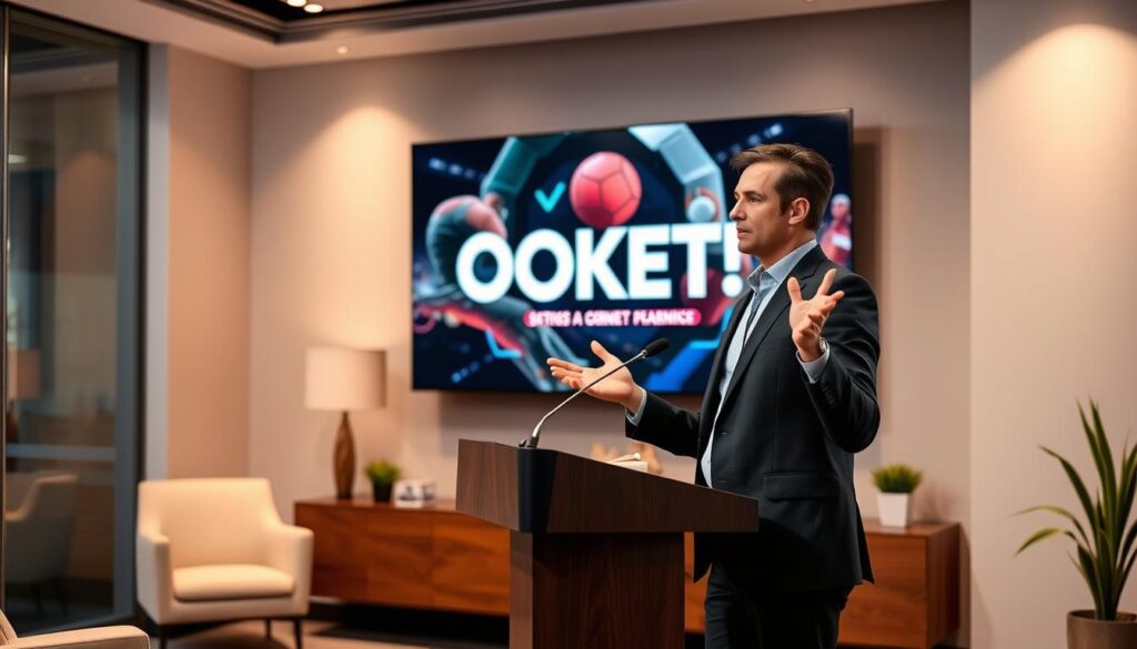 A sleek, modern office setting with a professional-looking person standing at a podium, presenting tips and advice for hosting a successful Blooket game. The presenter is dressed in business attire, gesturing confidently while a large screen behind them displays Blooket-themed visuals. The lighting is warm and inviting, creating a welcoming atmosphere. The background features minimalist decor, allowing the presenter and the Blooket-related elements to take center stage. The overall composition conveys a sense of expertise, authority, and a polished, engaging Blooket hosting experience.