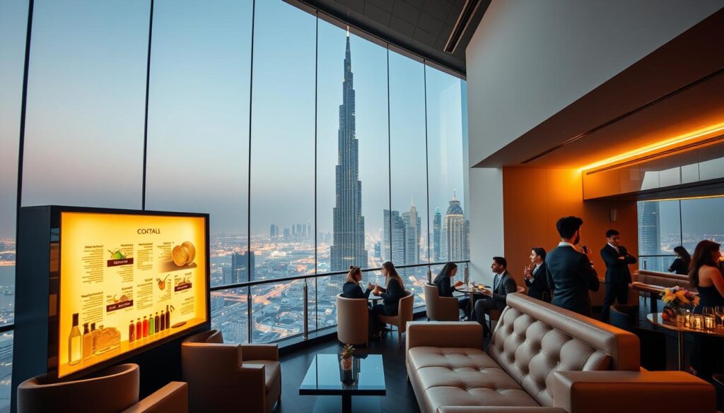 A sleek, modern rooftop bar with panoramic views of the iconic Burj Khalifa. The scene depicts the bar's elegant, minimalist interior, with plush seating, subtle lighting, and floor-to-ceiling windows framing the breathtaking skyline. The bar's high-end cocktail menu is displayed on a backlit glass panel, while well-dressed patrons converse over drinks. The image conveys an atmosphere of luxury, exclusivity, and the thrill of experiencing Dubai's renowned skyline from a privileged vantage point. Captured with a wide-angle lens and soft, warm lighting, the scene evokes a sense of refined sophistication and indulgence.